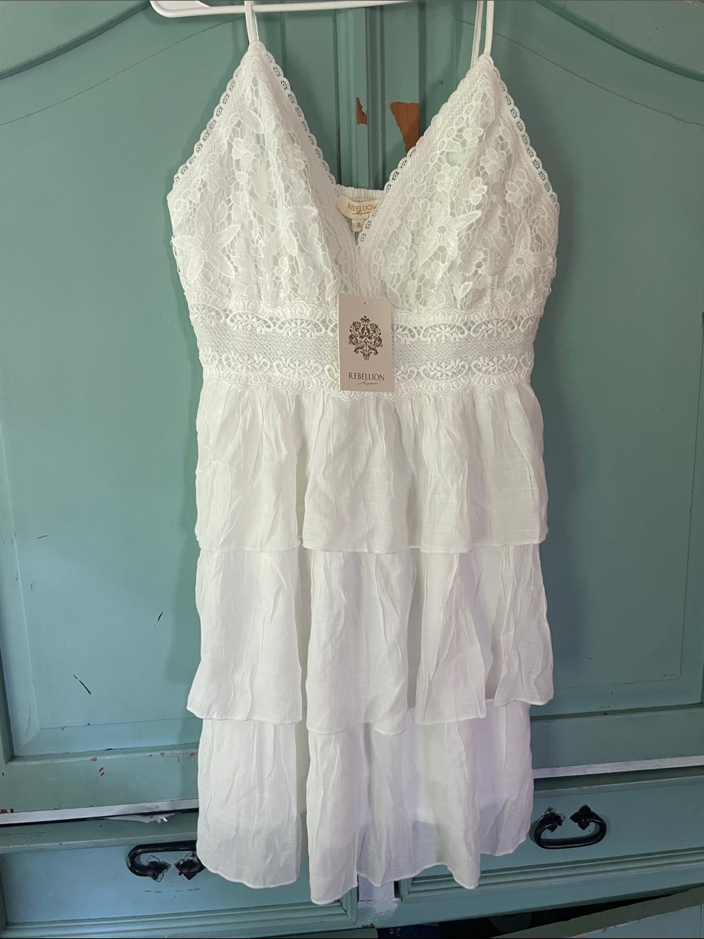 Rebellion White Lace Tiered Dress with Spaghetti Straps